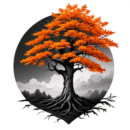 Show Me A Tree Tattoo Half Fall With Orange Leaves And Half In Full Bloom
