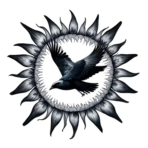 Mandala Sun With A Simple Drawn Crow Flying