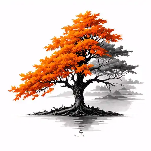 Show Me A Tree Tattoo Half In Fall With Orange Leaves And The Other Half In Full Bloom