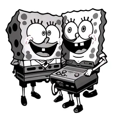 Couple Tattoo Of Spongebob Playing An Old Game Console While Patrick Waits For Him