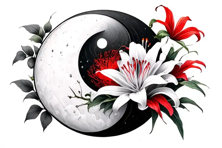 Ying Yang Pices And Red Spider Lily Flower Blooming