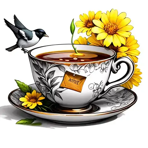 Tea Cup With A Tea Bag And Yellow Flowers And A Bird