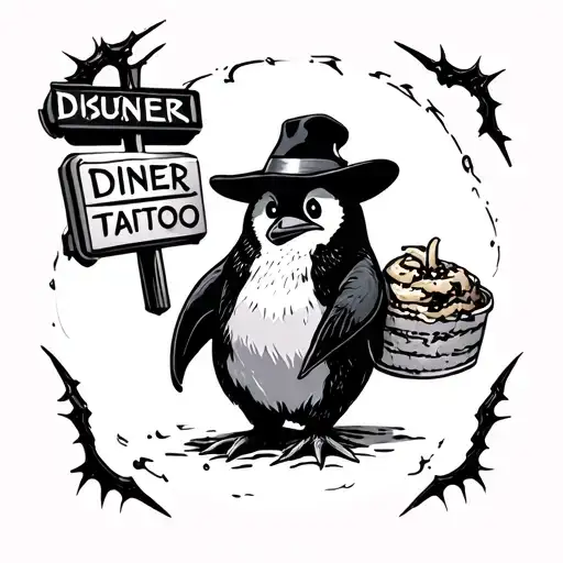 Spooky Penguin With Hat And Diner Sign