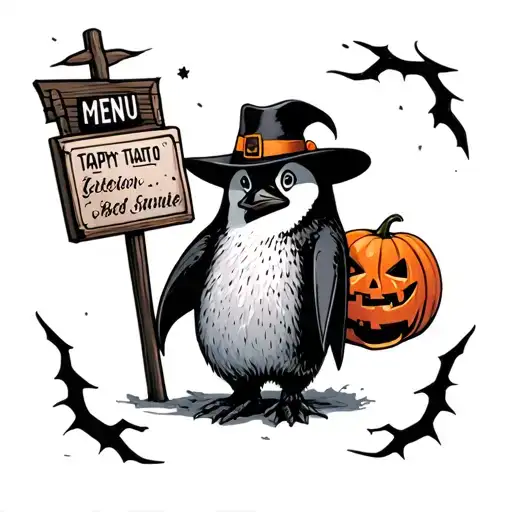 Spooky Penguin With Hat And Menu Sign