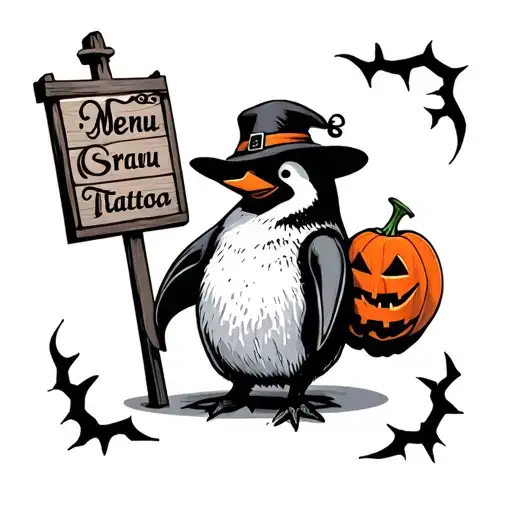 Spooky Penguin With Hat And Menu Sign