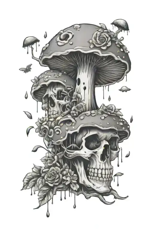 Mushroom With Eye Surrounded By Skull Flowers And Shimmering Rain