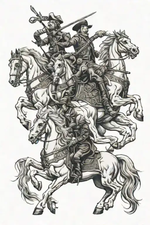 4 Horsmen Of Death Riding On Skeleton Horses One By One In A Light From Up Down In Realism