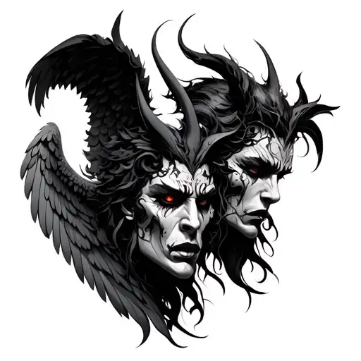 Good And Evil Demon And Angel Face For Shoulders