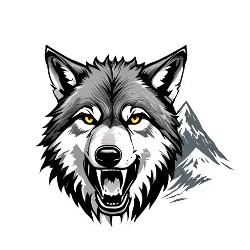 Growling Wolf And Mountains