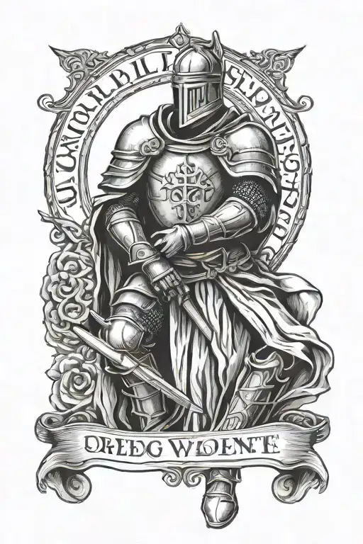 Crusader Knight Praying With Words Deo Volente