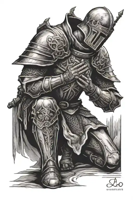 Crusader Knight Praying With Words Deo Volente