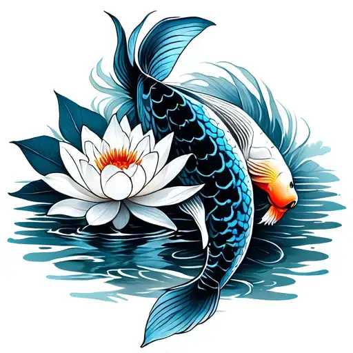 Black And Blue Koi Fish Swimming Upstream With Lotus Flower Japanese Style