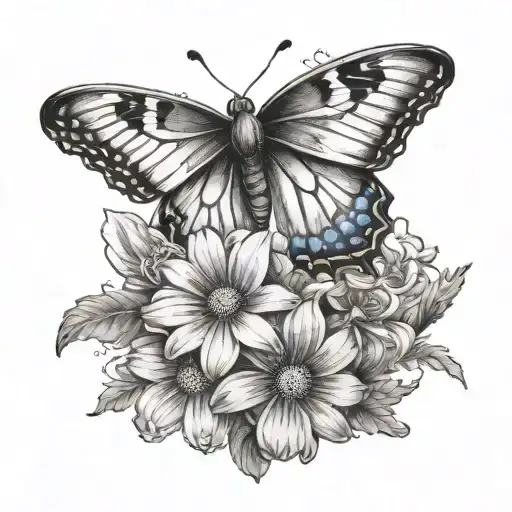 Butterfly Rising From Smoke With Daisy And Larkspur Flower In Background