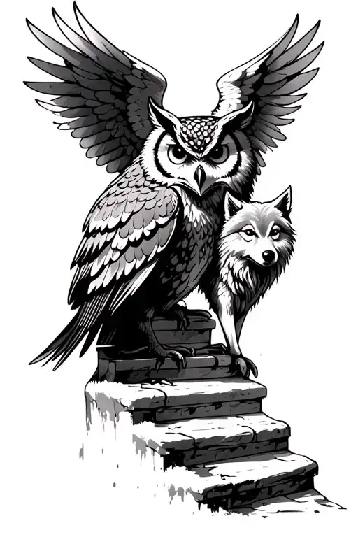 Owl With Wings In The Diagonal And Wolf Down Stairs