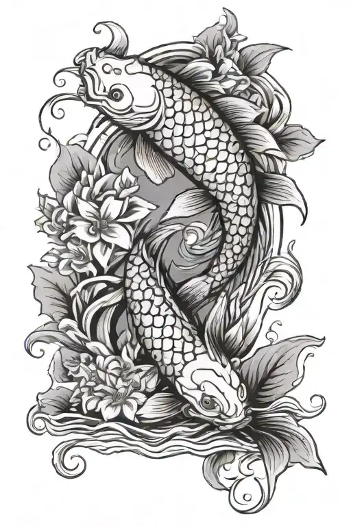 Koi Fish With Flowers And Waves