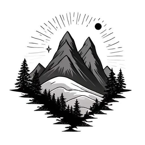 Three Mountains And Trees And Sun And Star And Moon