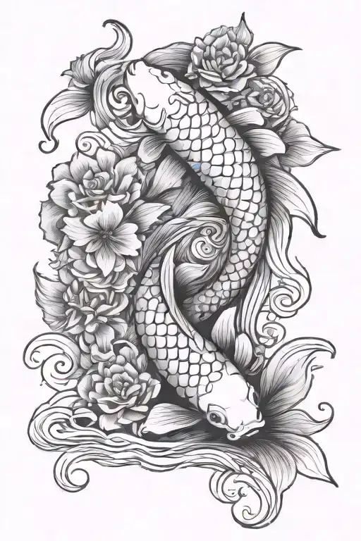Koi Fish With Flowers And Waves