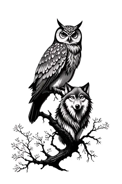 Owl And Wolf With Tree Details At The Bottom