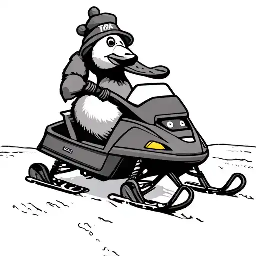 A Very Simple Line Drawing Of A Silly Goose Wearing A Beaver Hat And Riding A Snowmobile