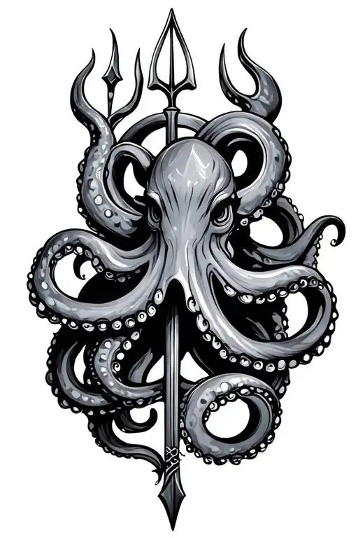 Octopus Wrapped Around A Trident Surrounded