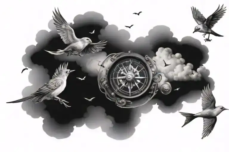 Clouds With Tiny Birds With A Ship And A Compass