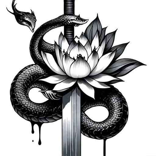 Snake Around A Sword With A Bleeding Lotus Flower In The Middle Of The Sword