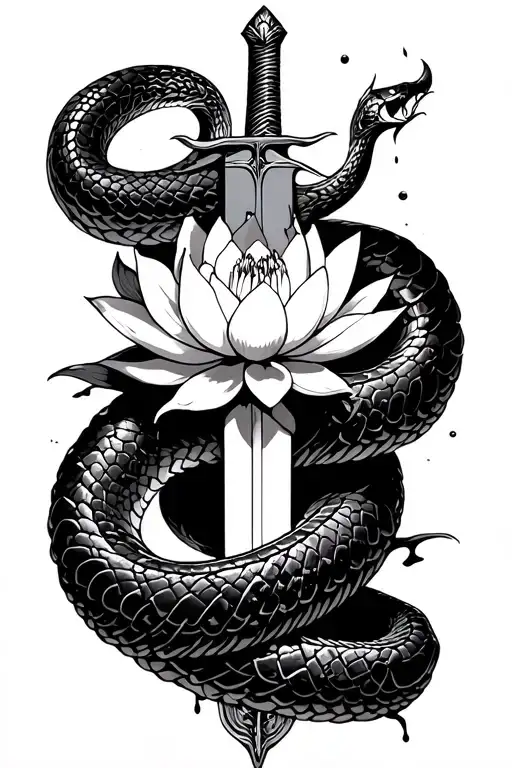 Snake Around A Sword With A Bleeding Lotus Flower In The Middle Of The Sword