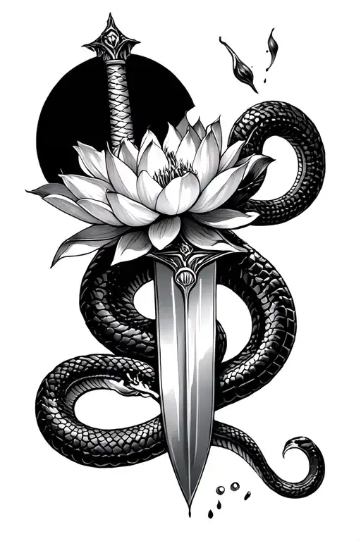 Snake Around A Medieval Sword With A Bleeding Lotus Flower In The Middle Of The Sword