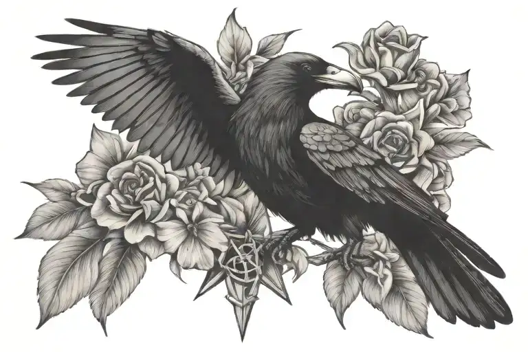 Flowers Crow And Pentagram