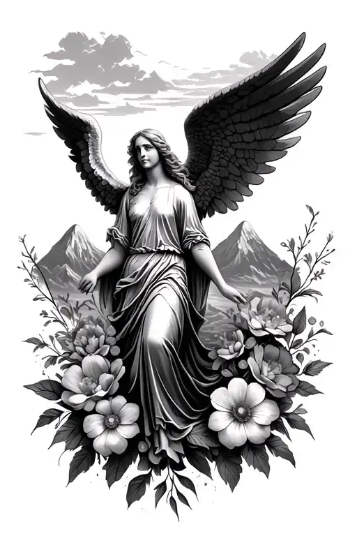 Angel Surrounded By Flowers With Mountains In The Background