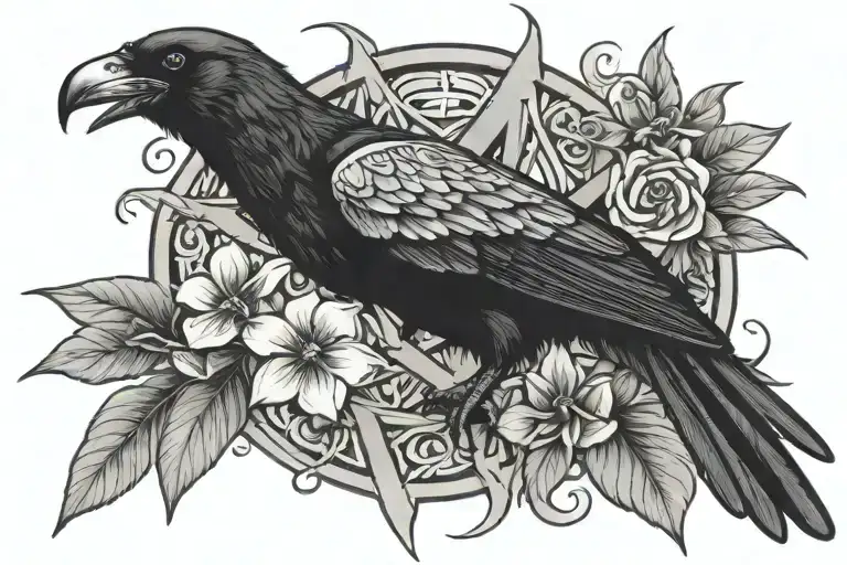 Flowers Crow And Pentagram