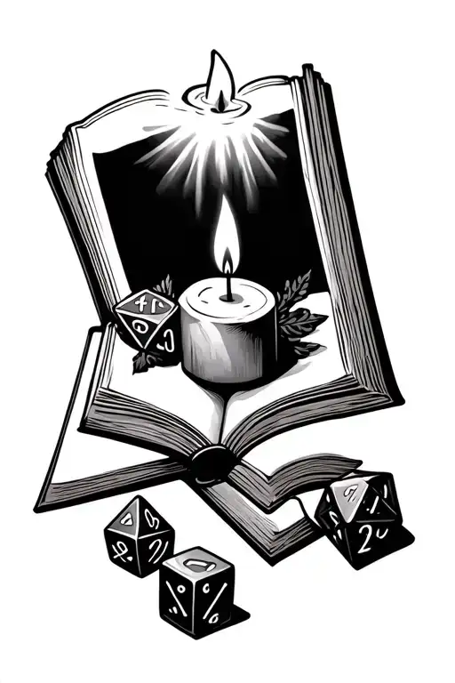 Open Book With Candle And D20 Dice Intertwined