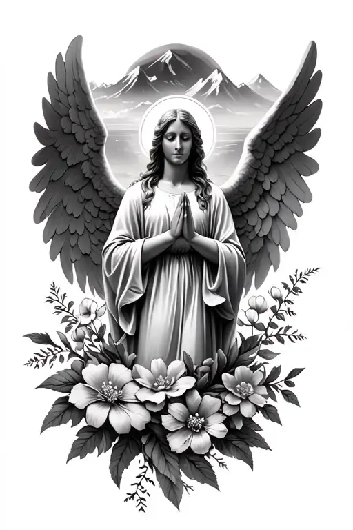 Angel Praying Surrounded By Flowers With Mountains In The Background