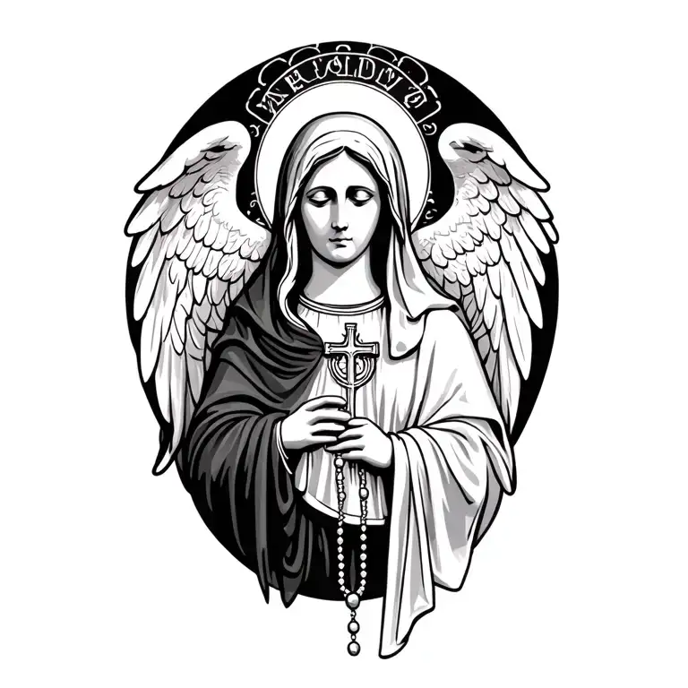 Virgin Mary With Rosary And Weeping Angel Holding Her