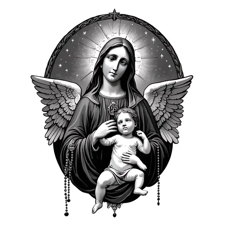 Virgin Mary With Rosary And Weeping Angel Baby Below Holding Her