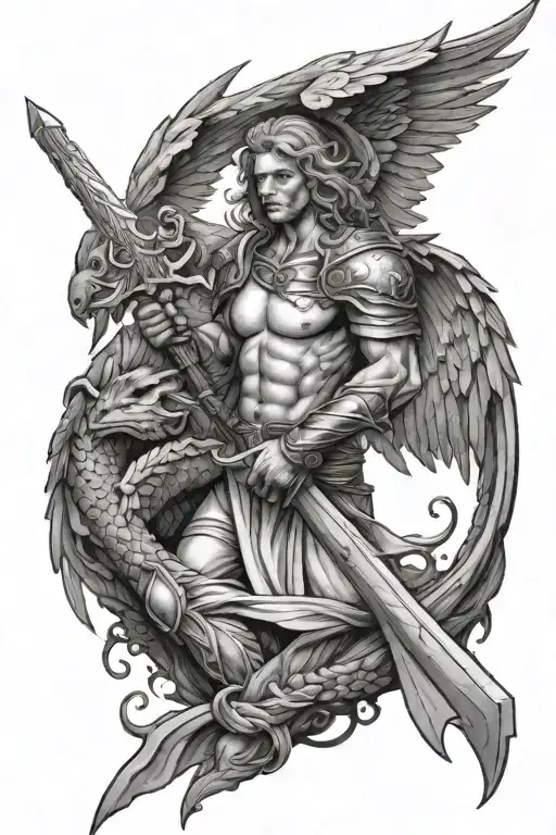 Angel Holding A Sword Whit A Dragon