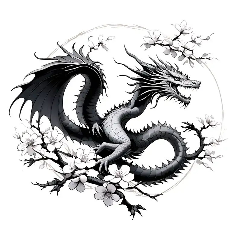Dragon Flying With Cherry Blossoms Around It