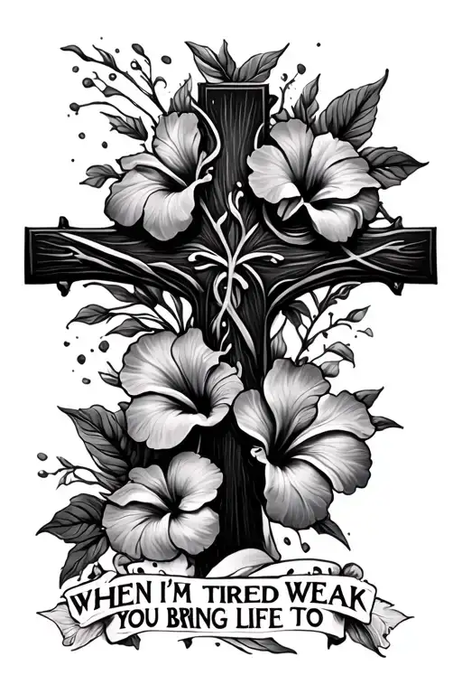 Cross W Hibiscus Flowers W The Words When I'm Tired And Weak You Bring Life To Me