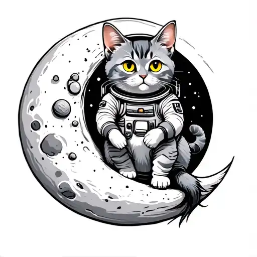 Tattoo Gray Cat Briton In An Astronaut With Yellow Eyes Sitting On A Round Moon On Top