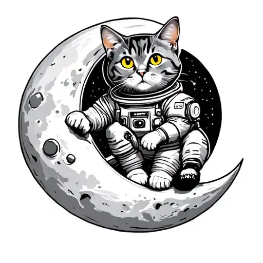 Tattoo Gray Cat Briton In An Astronaut With Yellow Eyes Sitting On A Round Moon On Top
