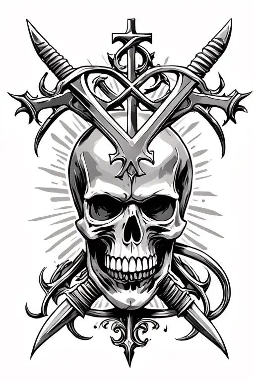 A Skull With Two Swords Above Its Head Intertwined Forming An X And A Cross On Top Of The Swords