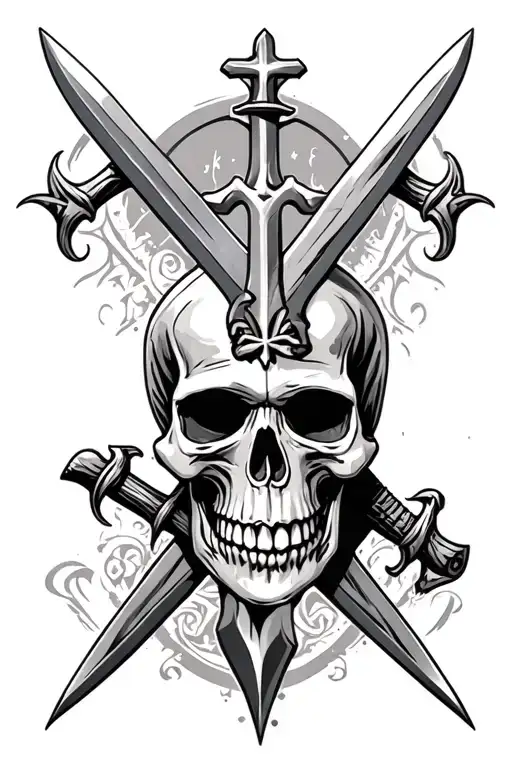 A Skull With Two Swords Above Its Head Intertwined Forming An X And A Cross On Top Of The Swords