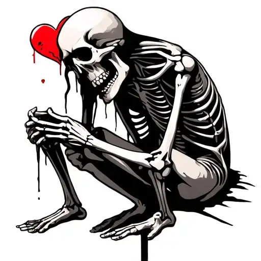 Realistic Skeleton Crying Siting Down Holding A Broken Heart