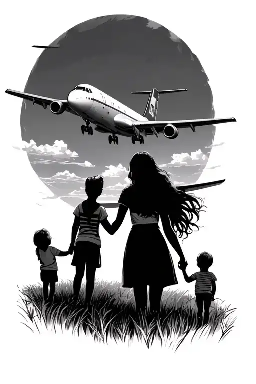 A Mom Holding To Kids Hands Watching A Air Plane In A Field