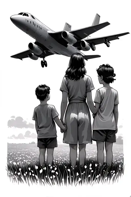 A Mom Holding To Kids Hands Watching A Jet In A Field