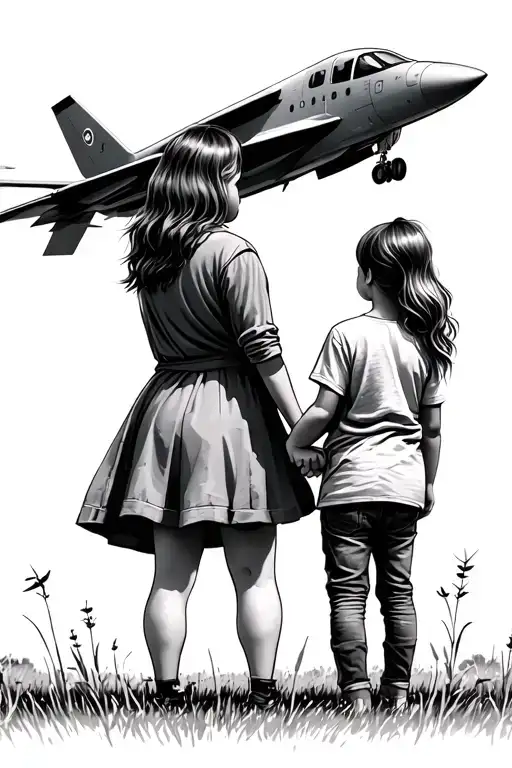 A Mom Holding To Kids Hands Watching A Jet In A Field