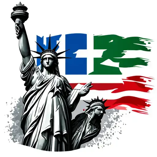Italian Flag And Greek Flag With Statue Of Liberty