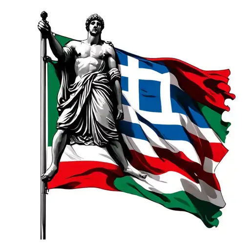 Italian Flag And Greek Flag With Statue Holding