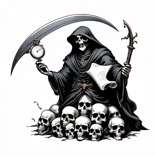 Grim Reaper Holding A Scroll And A Pocket Watch With His Scythe Sticking Into A Pile Of Skulls