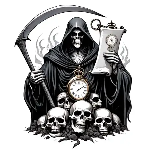 Grim Reaper Holding A Scroll And A Pocket Watch With His Scythe Sticking Into A Pile Of Skulls